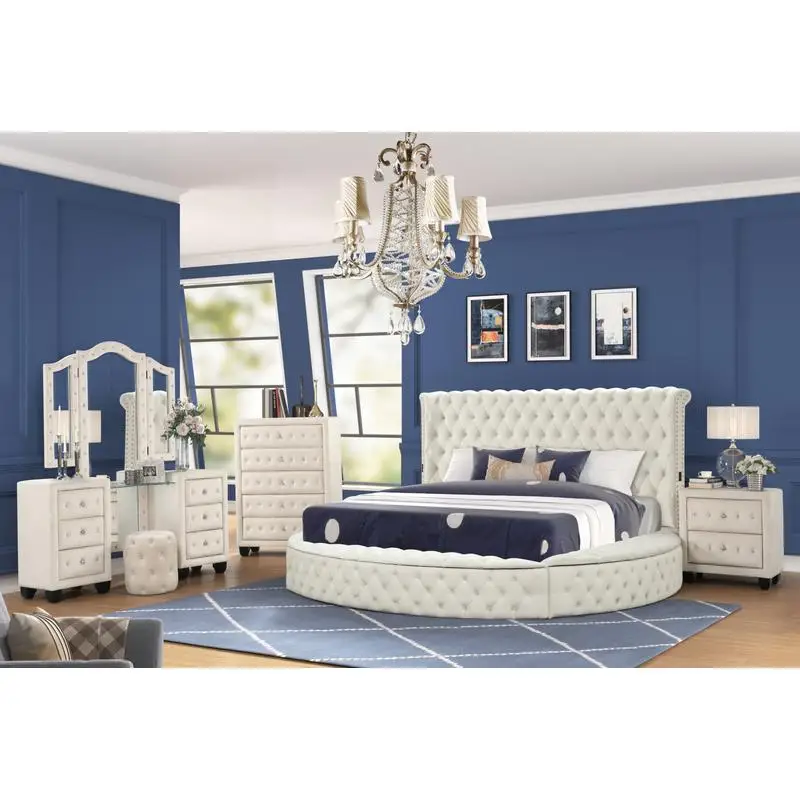 Modern Queen 5-Piece Vanity Bedroom Set – Cream Wood with USB Ports 1