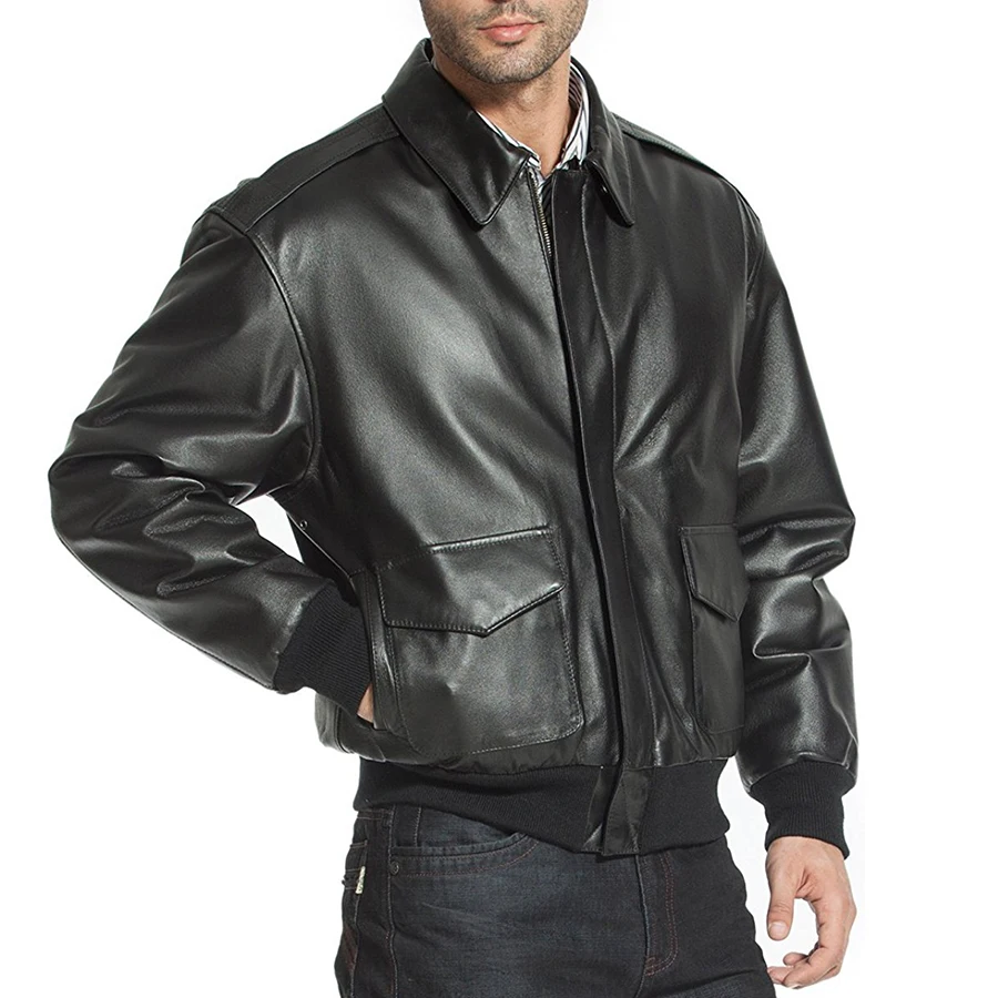 Men's Motorcycle Sheepskin Bomber Leather Jacket Air Force Flight Jacket