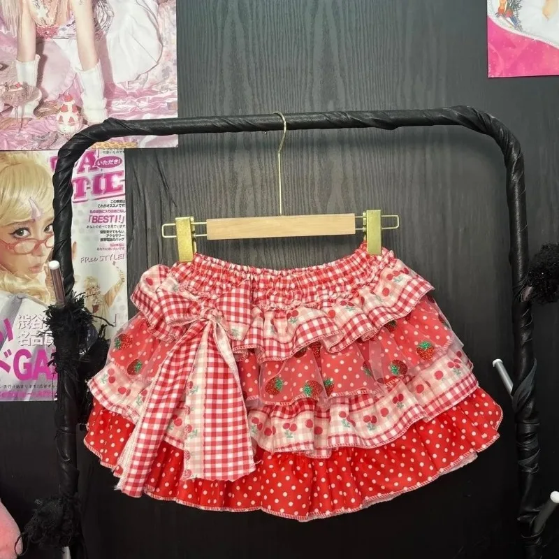 Japanese Kawaii Lolita Style Y2k Mini Skirt Women Sweet Strawberry Print Ruffle Punk Cake Skirt Girl Cute Bow Skirt Faldas Mujer