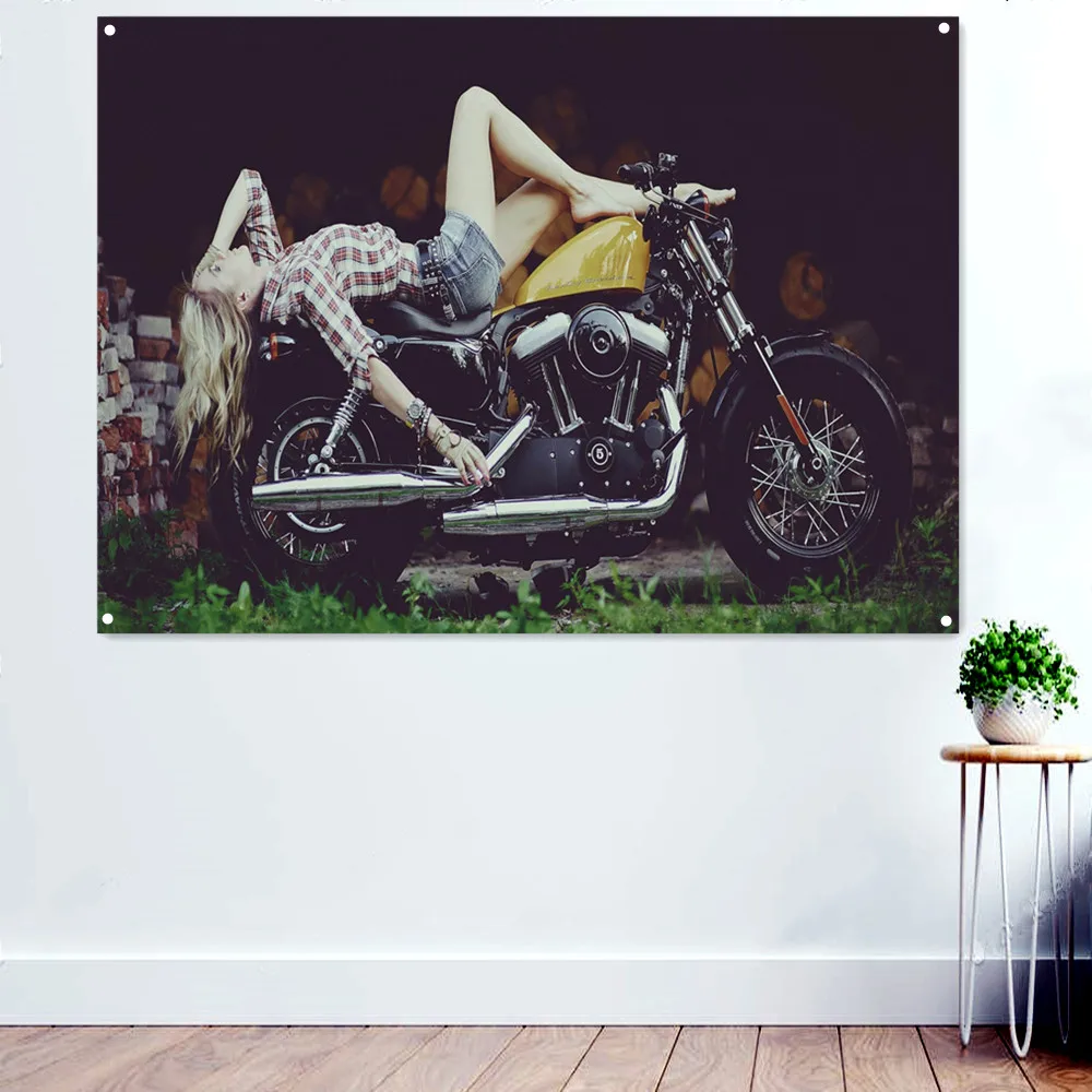 

Girl Lying on Motorcycle Poster Home Decor Banner Wall Hanging Flag Canvas Painting Wall Chart For Bedroom Living Room Dormitory