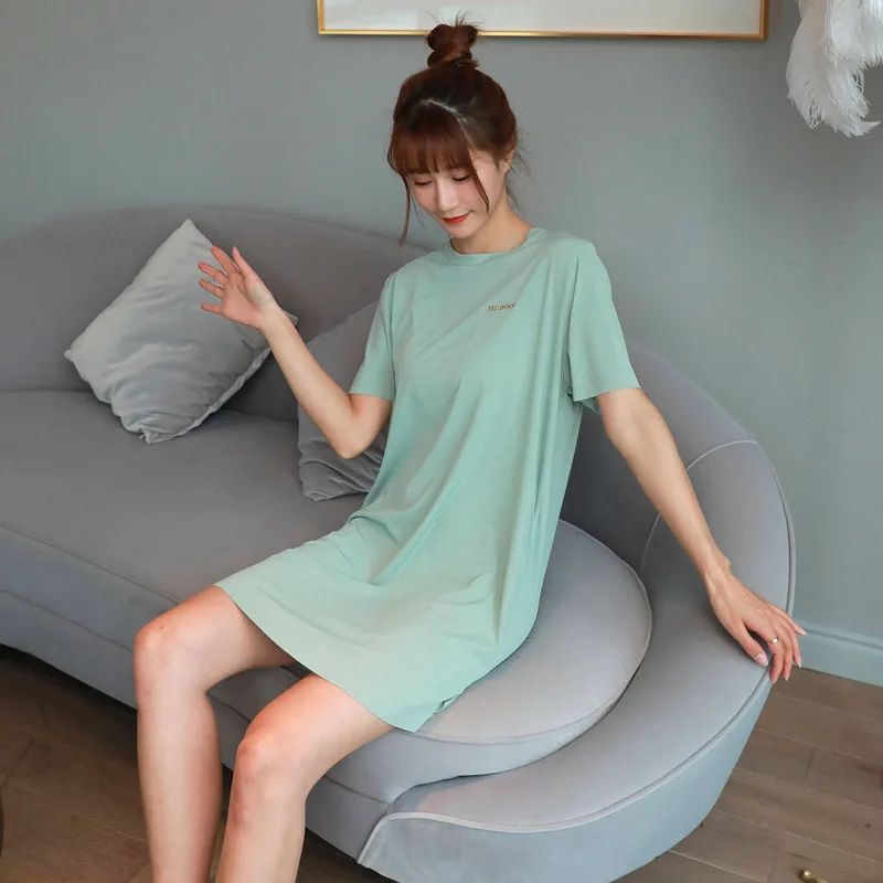 Summer Solid Basic Night Dress Women Short Sleeve Nightgown Causal Loose Good Elastic Sleepshirts Nightdress Sexy Sleepwear summer cotton sleepwear sexy pajamas sanderala sexy women print sleepshirts female sleepshirt summer girl s nightdress nightgown