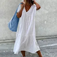 2026 New Women’s Long Skirt Cotton Linen Short Sleeve O-neck Loose Solid Color Fashion Simple Vacation Pink Dress multicolor
