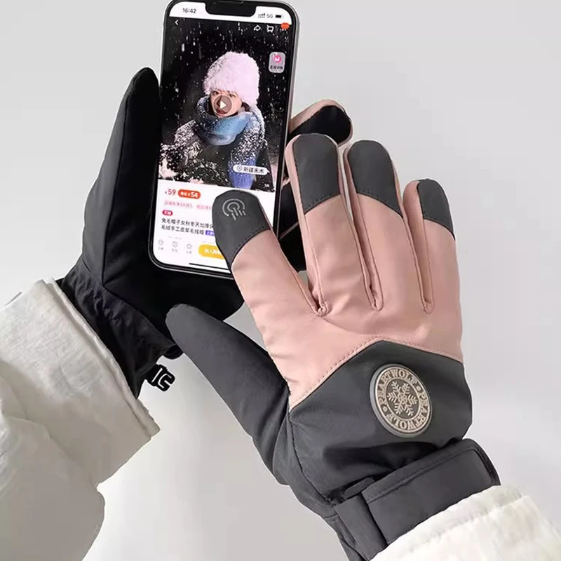 Winter Unisex Snowboard Ski Gloves PU Leather Non-slip Touch Screen Waterproof Motorcycle Cycling Fleece Warm Snow Gloves 3