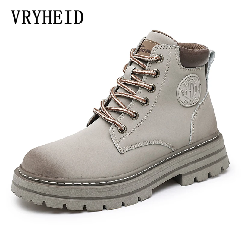 

VRYHEID Unisex Boots Genuine Leather High Top Men Casual Tooling Shoes Fashion Motorcycle Ankle Boots Women Winter Botas Hombre