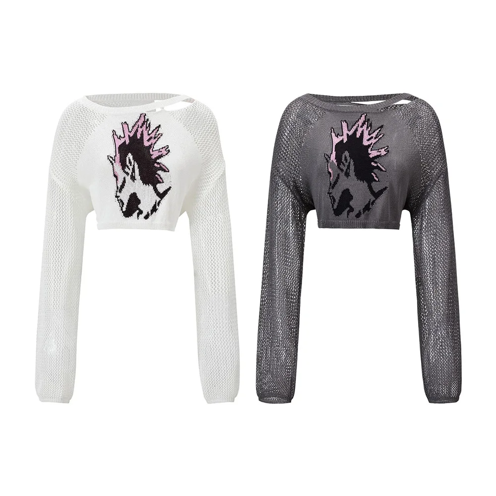 

New High Waist Pullover Sweater Jacquard Hollow Off Shoulder Long Sleeve T-shirt American Style Sexy Knitted Spicy Girls Wear
