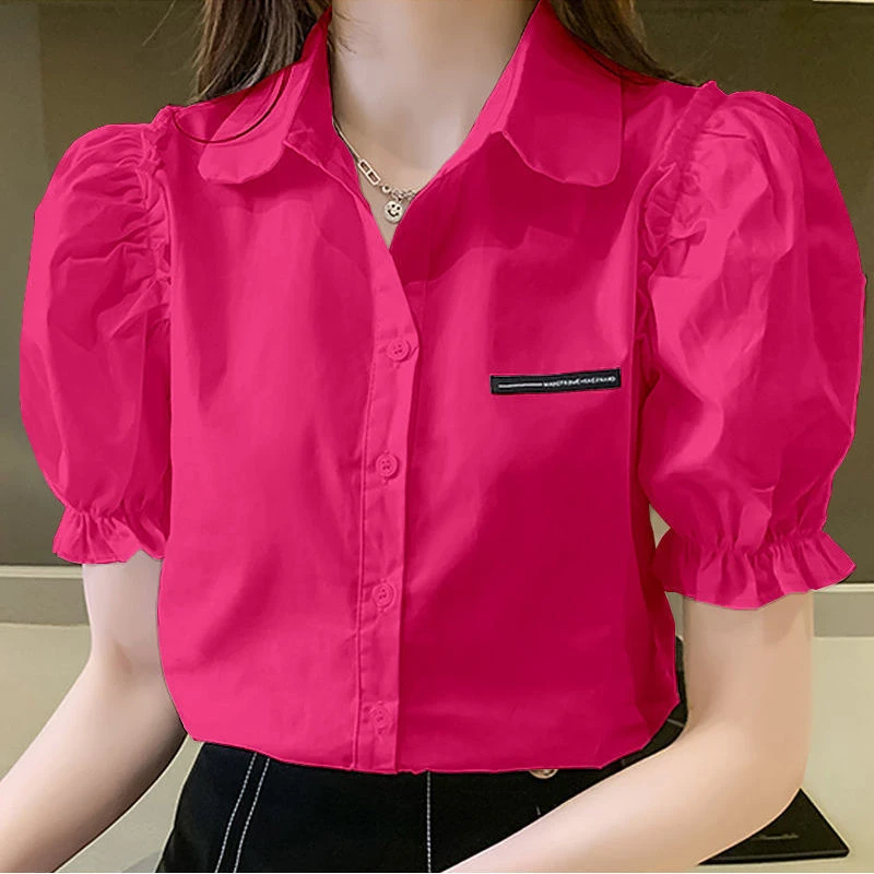 Camisa de gasa de manga corta con botones para Mujer, blusa oficina, Color sólido, cuello tipo Polo, Color blanco y negro, Verano|Camisa| - AliExpress