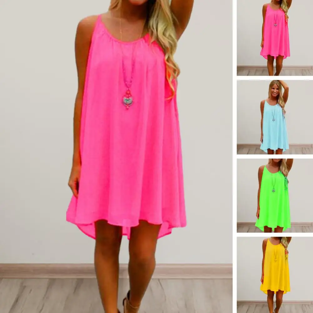 O-Neck Sleeveless Beach Dress Mesh Stitching Backless Bright Color Summer Sling Chiffon Women Dress Streetwear