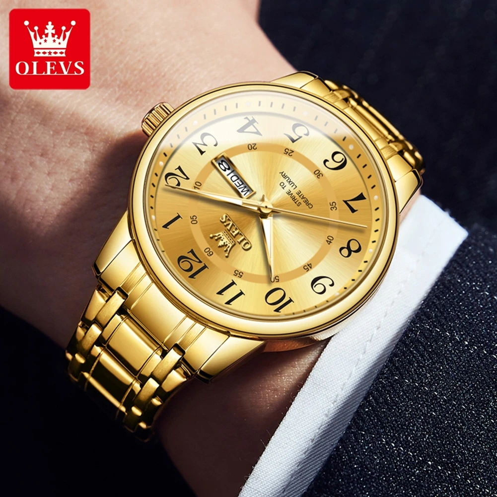 OLEVS Mens Watches Top Brand Luxury Gold Quartz Watch for Men Stainless Steel Waterproof Week Date Wristwatch Relogio Masculino
