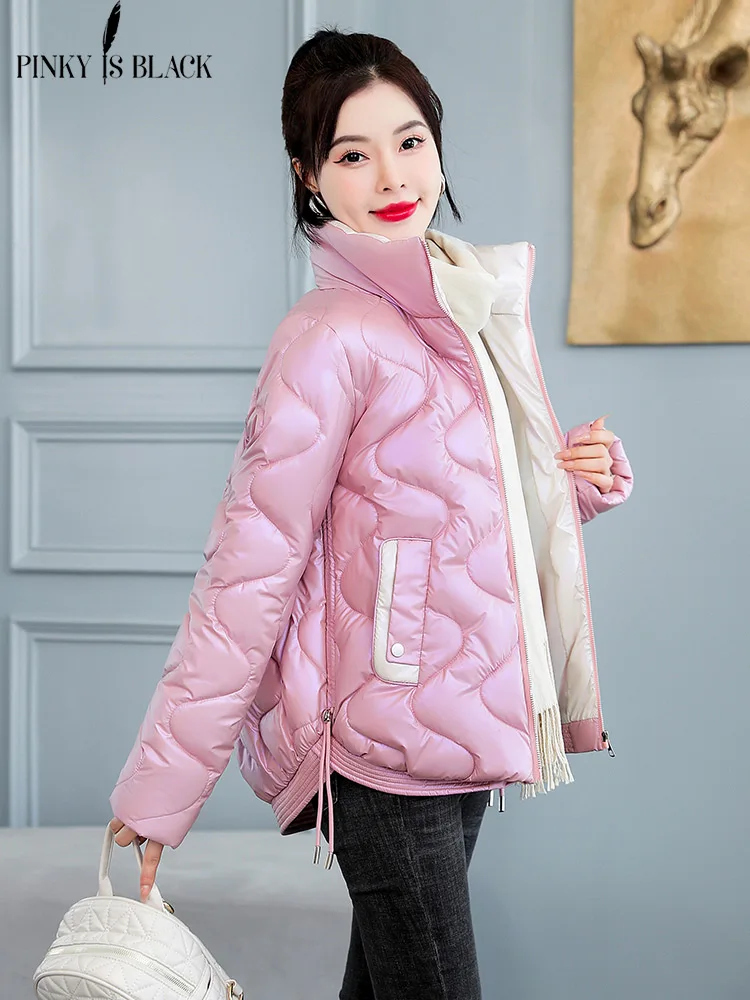 

PinkyIsBlack 2022 Women Short Jacket Winter Thick Cotton Padded Coats Female Shiny Stitched Puffer Parka Ladies Slim Winter Coat