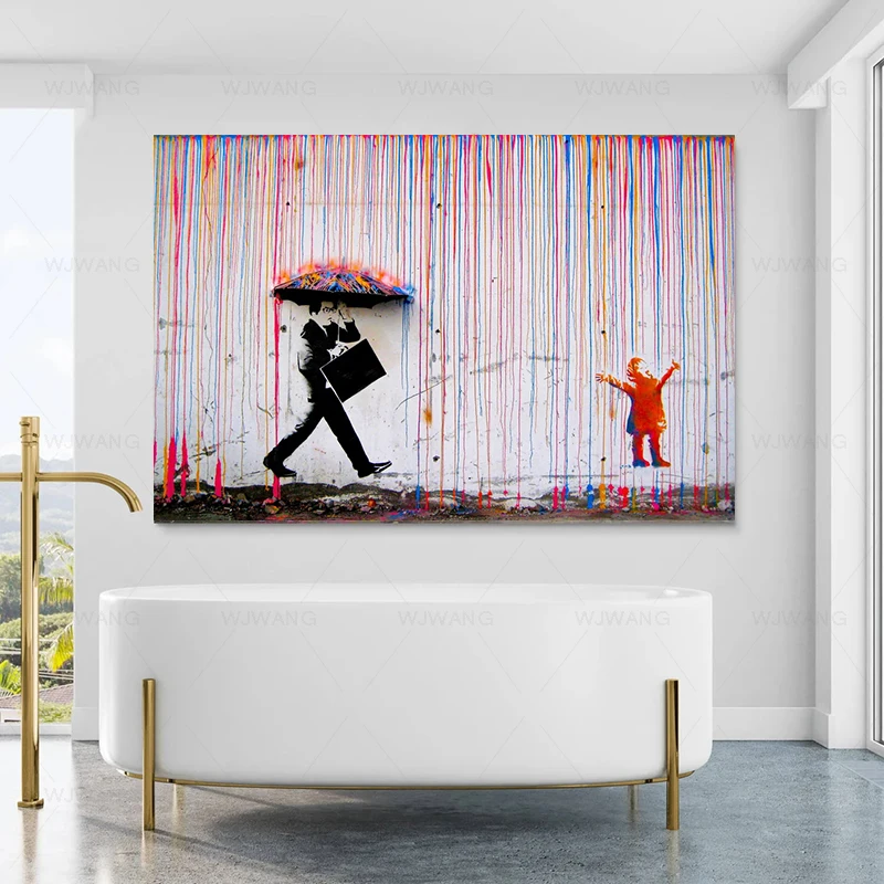 

Rainbow Rain Street Art Graffiti Canvas Painting Banksy Wall Art Posters and Prints Pop Art Wall Pictures for Home Room Decor