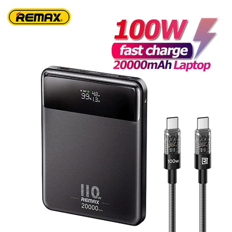 

Remax 100W Power Bank with 100W Cable 20000mAh Type C PD Fast Charging Powerbank Portable External Battery Charger for Notebook