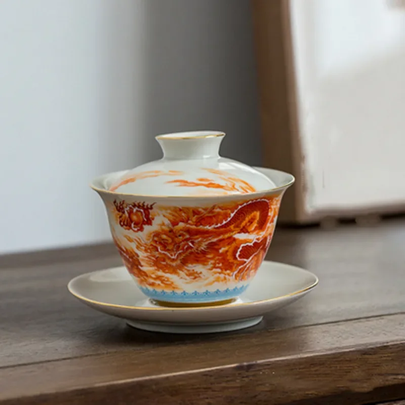 

High-quality Dehua Porcelain Dragon and Phoenix Gaiwan Kung Fu Tea Set Teacup Personal Use Gift For Festival