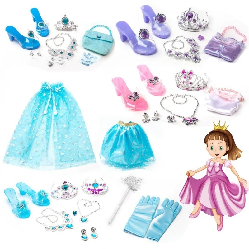 Girls Dress Up Toys Princess Role Play Accessories Crowns High Heels Shoes Earrings Necklaces Kids Makeup Set Birthday Gifts