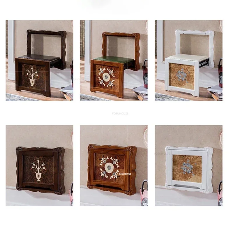 Creative Folding Bath Chair Wall-mounted Shower Seats American Retro Shoe Changing Stool Household Porch Solid Wood Carved Stool 5