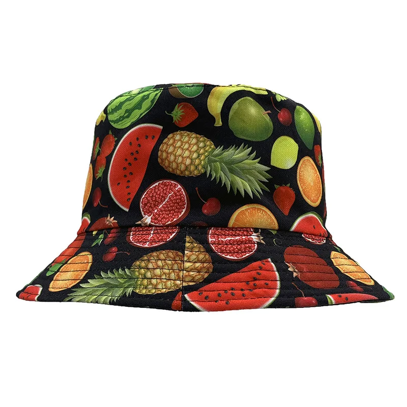 Unisex Adulto Cartone Animato Frutta Stampa Fragola Ananas Mela Anguria Cheerios Limone Secchio Cappello Per Donna Uomo Outdoor Caps F246
