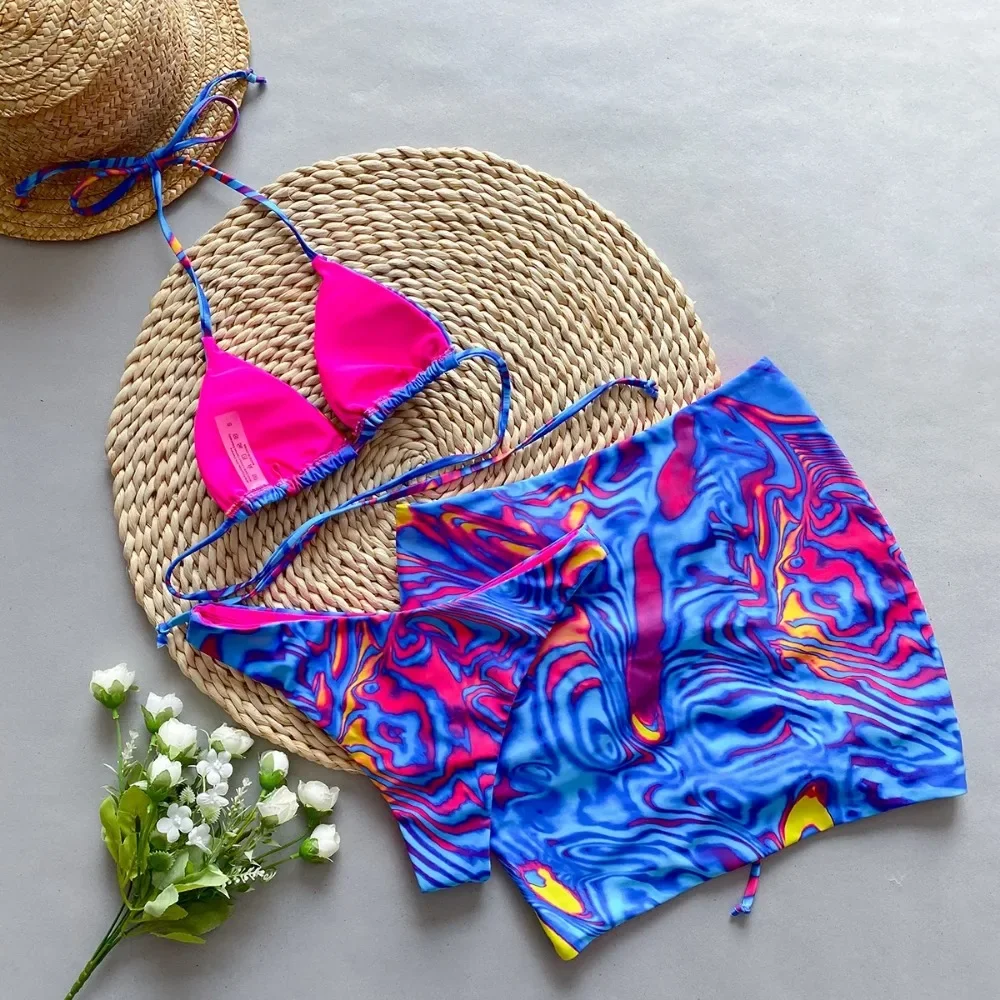 3 Pieces Bikini Women Swimsuit 2024 Female Swimwear Flower Beachwear Swimming Suit Bathing Suit Bikini Set Skirt Sarong Biquini