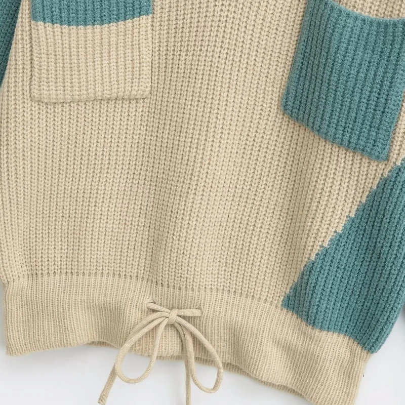 Autumn Fashion New Long-sleeved Women's V-neck Splicing Sweater Knitted Loose Women's Lace-up Office Pullovers Shirt