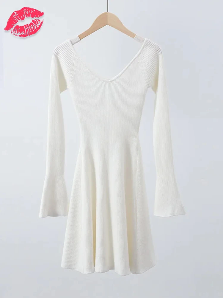Knit Off-Shoulder V-Neck Mini Dress For Women Ribbed Loose Casual High Waist Long Sleeve Knitwear Dress Women's Mini Dress