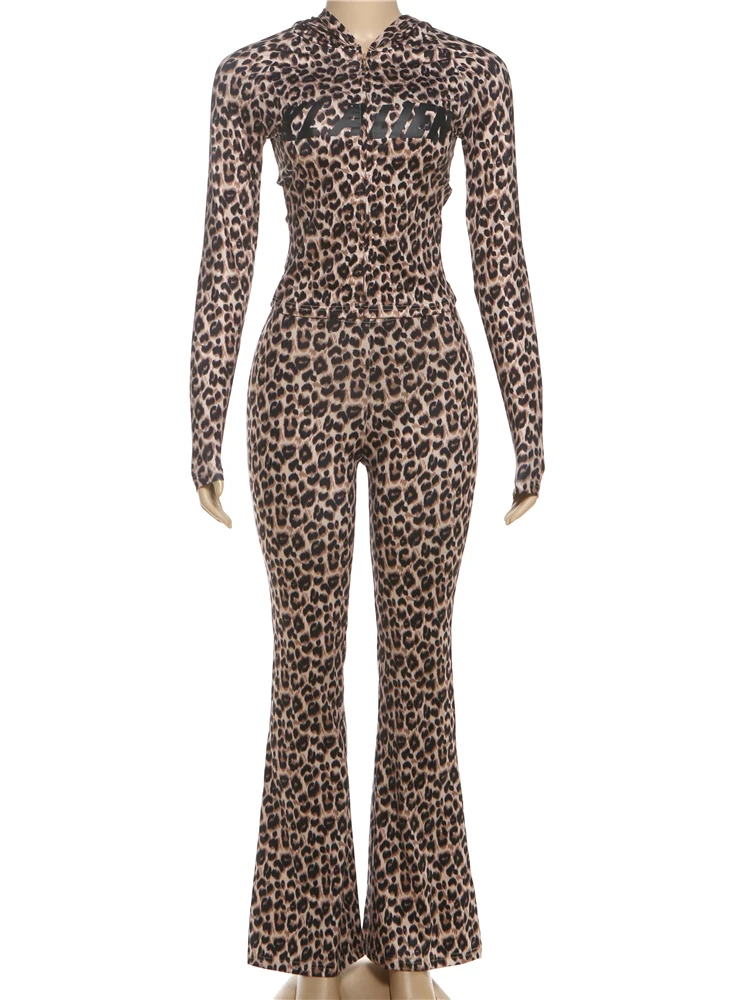Nibber Sporty Letter Leopard 2 Piece Set Women Zip Hooded Jacket+Flare Pants Casual Matching Stretch Streetwear Skinny Tracksuit