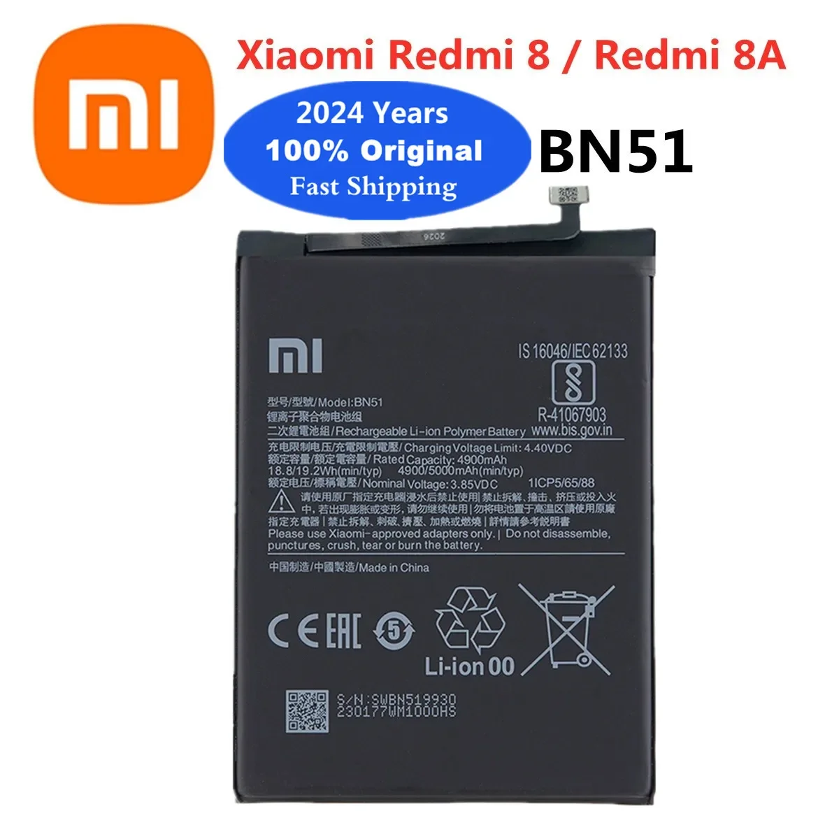 

Оригинальный аккумулятор BN51 2024 года 5000 мАч для Xiaomi Hongmi Redmi8 Redmi8A Redmi 8 8A, аккумулятор для мобильного телефона, быстрая доставка