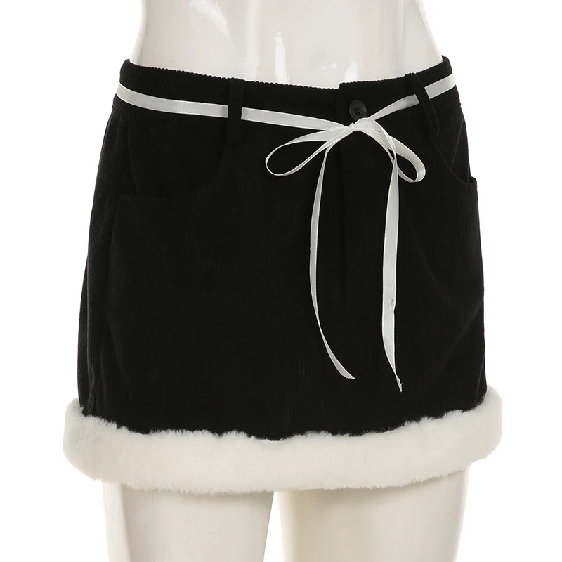 y2k Skirt Women Aesthetic Clothes Contrast Color Tie-up Low Waist Furry Patchwork Short Mini Skirt 2000s Streetwear