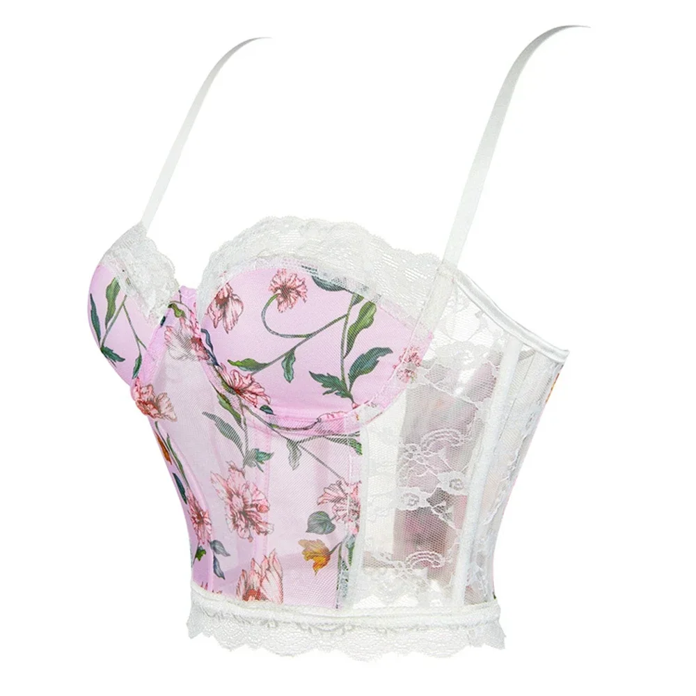 Women's Bustiers And Corset Crop Top Sexy Lingerie Slimming Mesh Lace Breathable Overbust Shoulder Straps Corselet