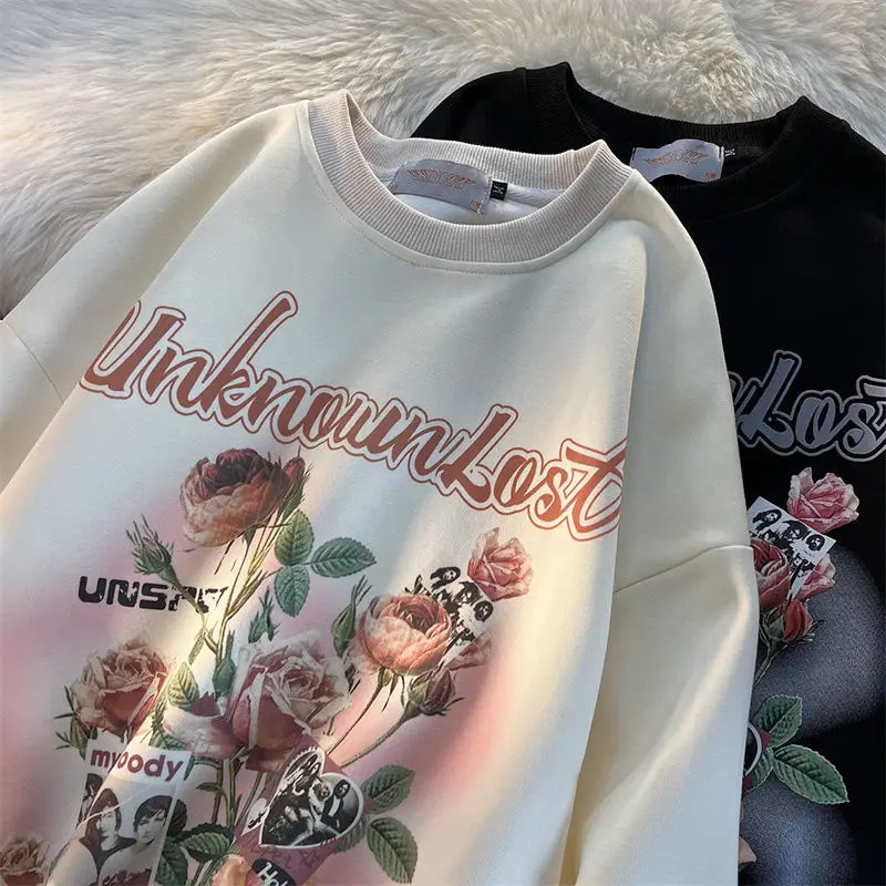 

Rose Letter Print Vintage American Crewneck Sweatshirt Women Couple Harajuku Shirt Casual Hoodies for Teens Thin Autumn 2022 Top