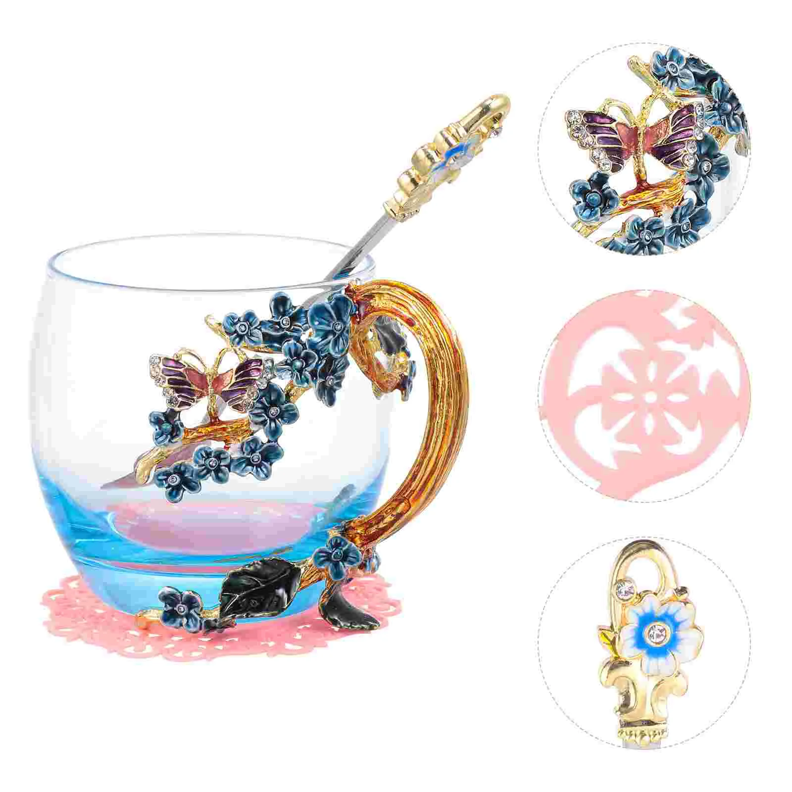1 Set Enamel Flower Decor Glass Coffee Mugs Tea Cup with Spoon |