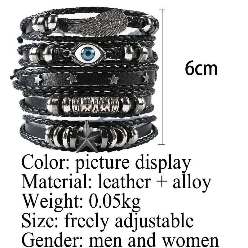 5pcs Evil Eye Wing Star Diy Braided Punk Style Bracelet Set, Featuring Pu Leather And Beads 3