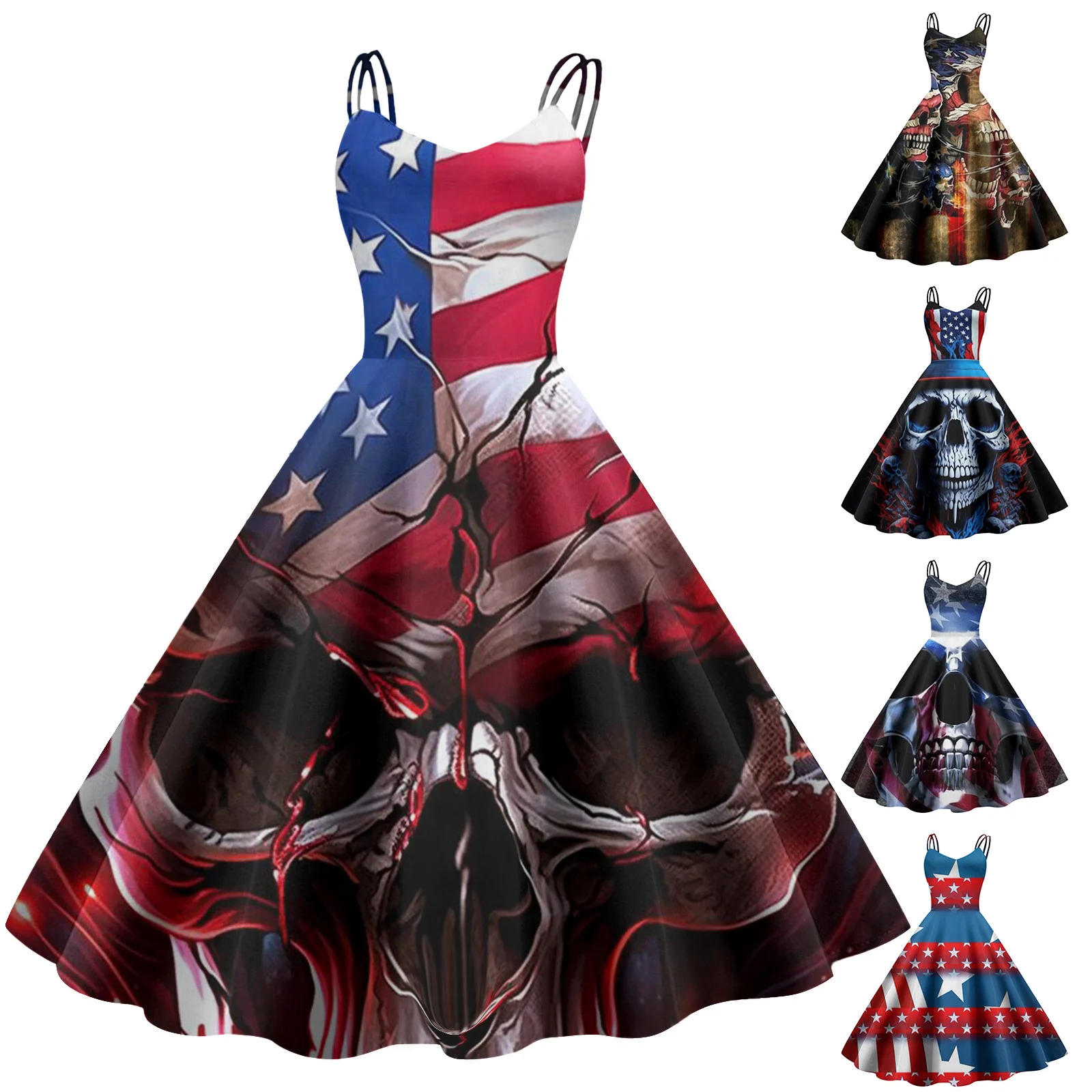 

Women's Fashion Strap Casual Dress Independence Day Democratic Freedom Print Dresses Large Hem Straight Sundress for Women 2024