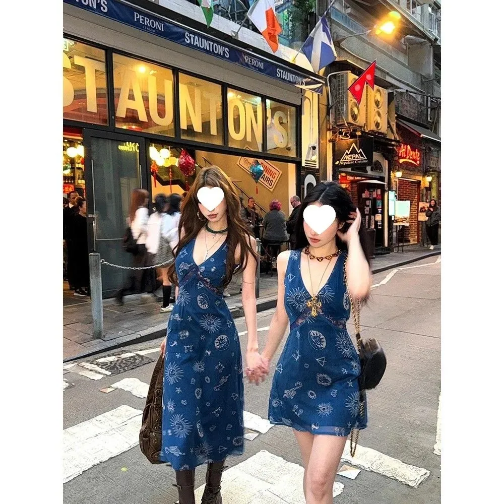 Spring Women Denim Sexy Long Single-breasted V-Neck Lace-up A-Line High Waist Vintage Dress