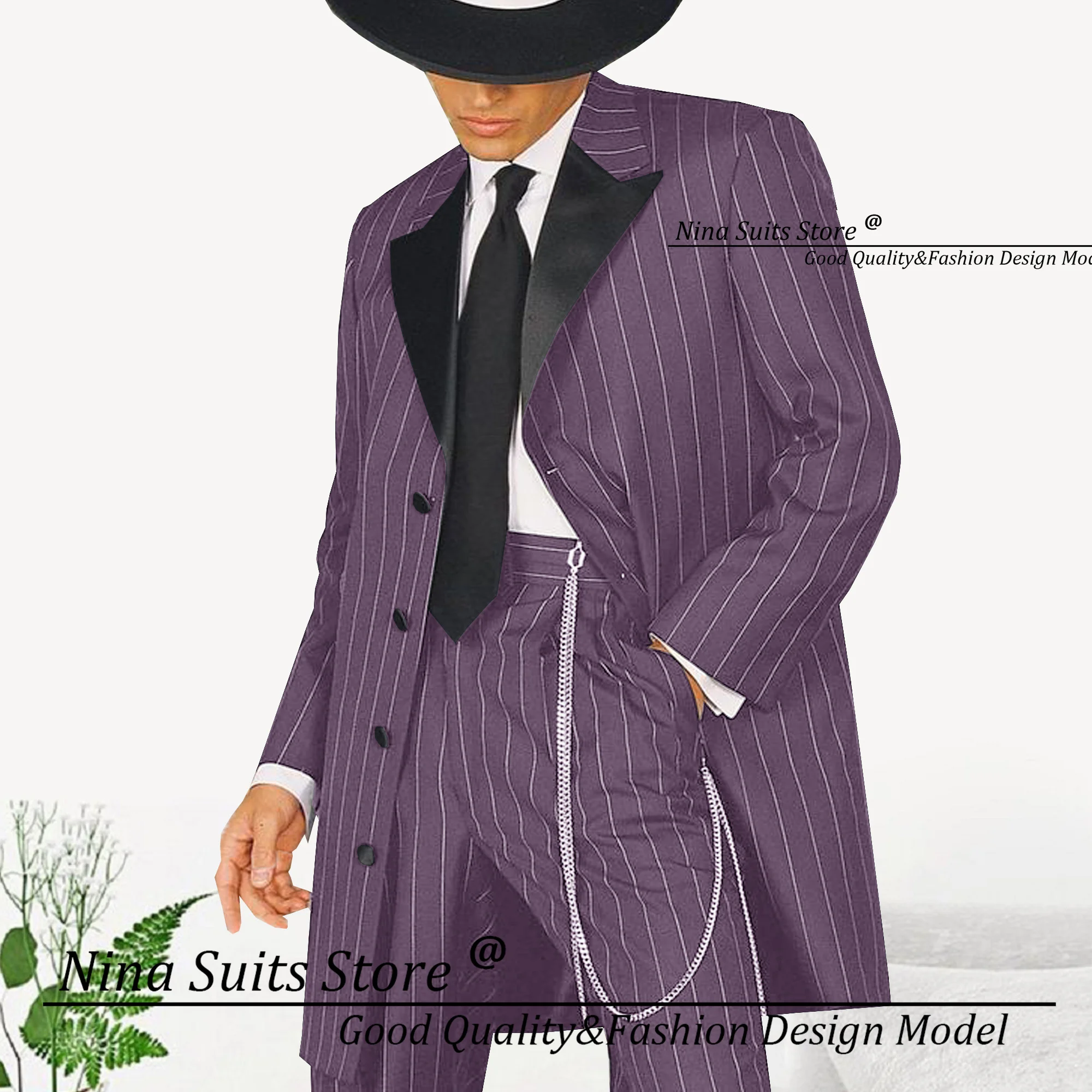 Nina Store Wide Distance Stripe Men Suits Long Blazer Casual Pants Navy White Pinstripe Peak Lapel Tuxedos for Business Party