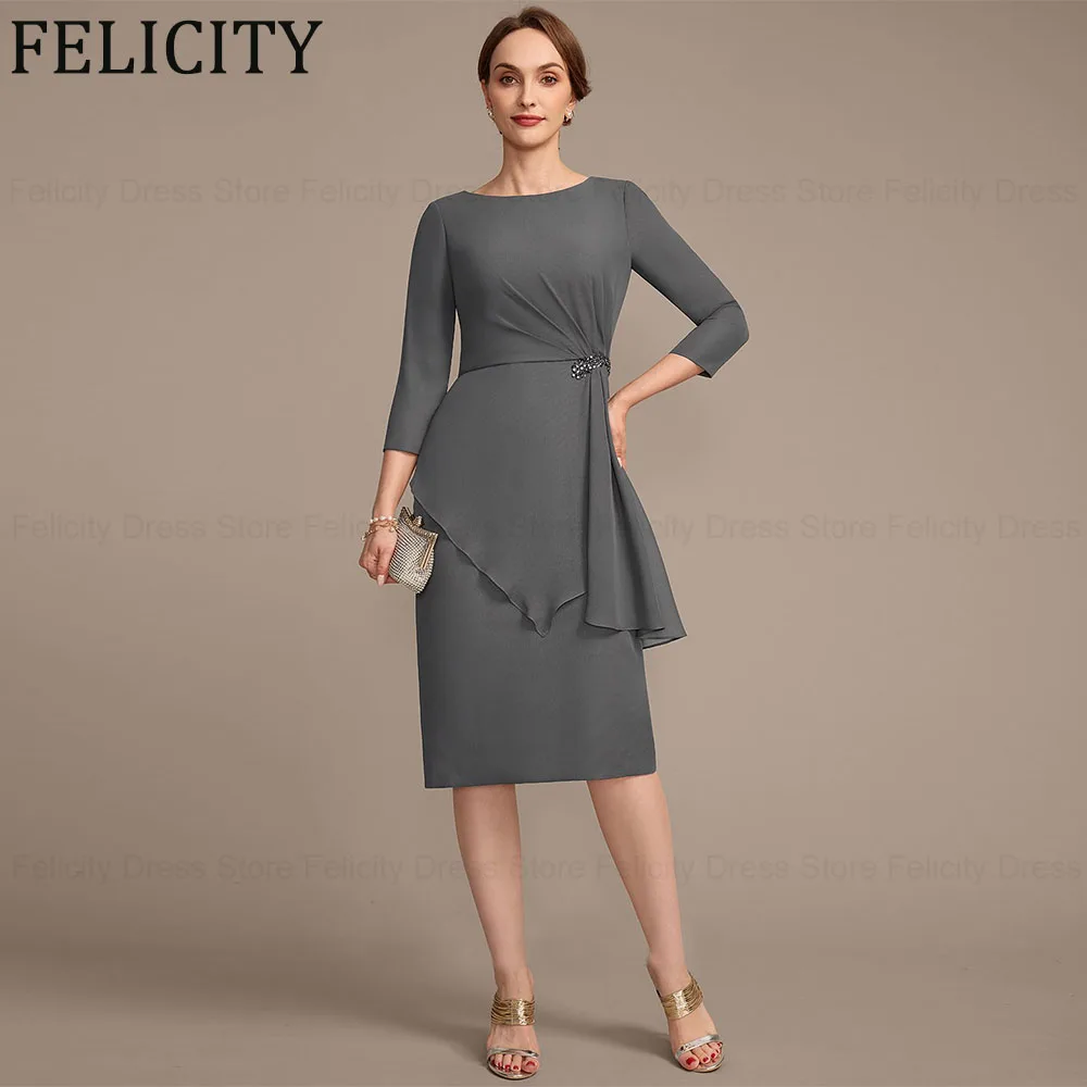 

FELICITY Simple Chiffon Mother of the Bride/Groom Dresses 2024 Sheath Scoop Wedding Guest Dresses With Cascading Ruffles Beading
