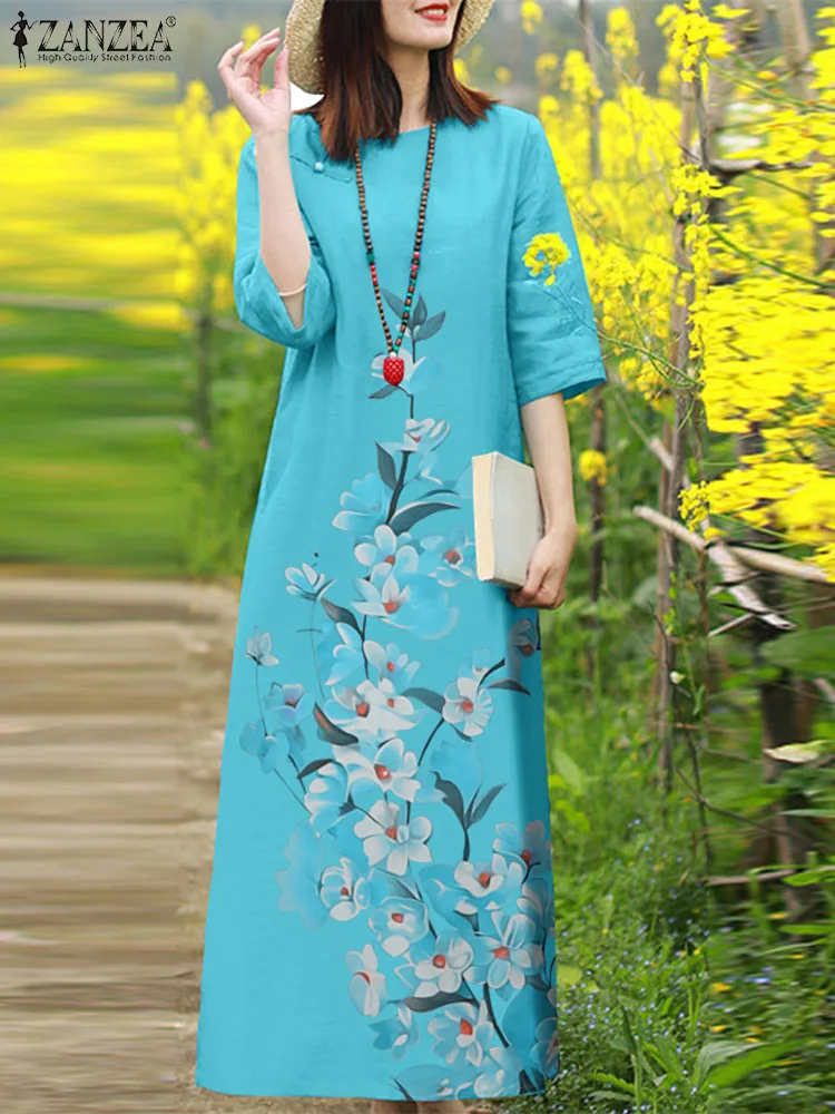 

Женское длинное платье с цветочным принтом, повседневное летнее свободное платье средней длины с полурукавом и круглым вырезом, модель ZANZEA в богемном стиле, 2024