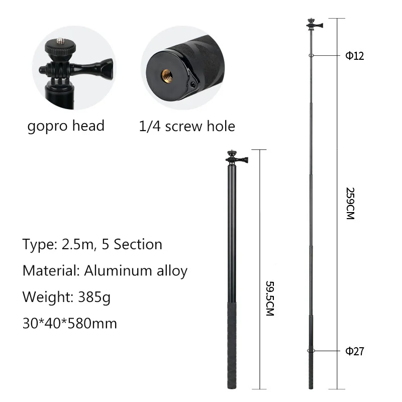 Selfie Stick for GoPro 12/11 Foldable Aluminum Alloy Phone Holder Handheld 3M Extended Edition Selfie Stick Camera Accessory