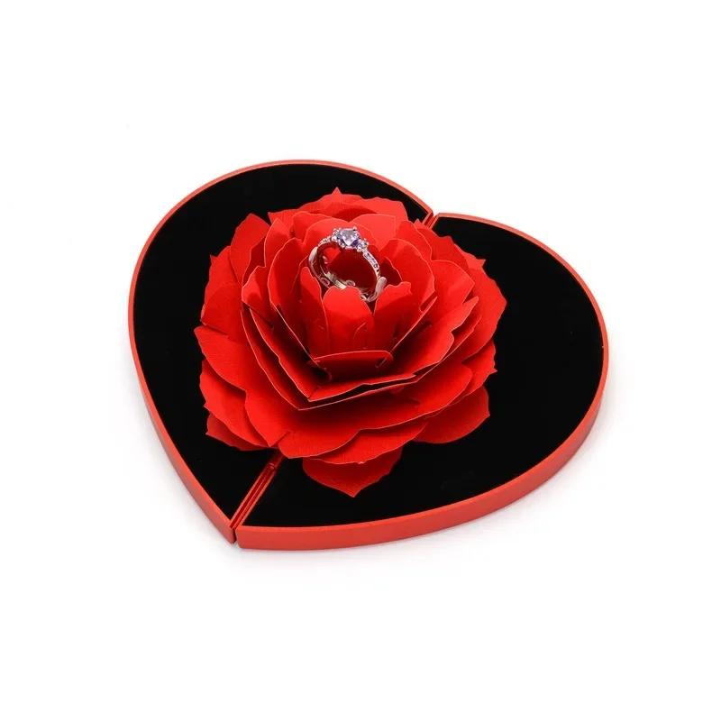 High Quality Jewelry Box For Couples Propose Rings Packaging Rotating Rose Flower Ring Box 3d Heart Shape high quality jewelry box for couples propose rings packaging rotating rose flower ring box 3d heart shape