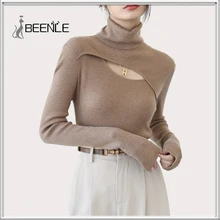 

BEENLE Women's autumn and winter knitted pullover high neck pullover casual sweater blouse long-sleeved tight sweater