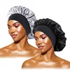 Women's Satin Solid Bonnets Wide-brimmed Night Sleeping Bathing Hat Unisex Head Wrap Elastic Band Cap Hair Care Bonnet - black sliver