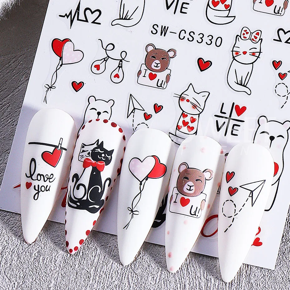 2pcs Valentine's Day Nail Stickers Cute Cat Love Heart Balloon Bear Letter Car Adhesive Nail Decals Manicure Decor Accessories
