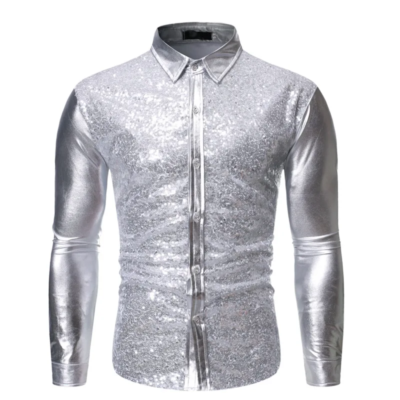 

Men Dress Shirt Sequins Long Sleeve 70's Disco Party Halloween Christmas Prom Costume Chemise Homme Stage Performance Shirt Male