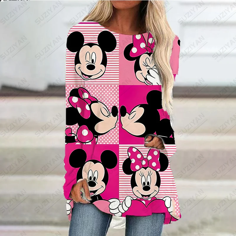 

2023 New Women's Spring Short Skirt Long Sleeve Long Top 3D Printed Disney Loose A-line Round Neck Pullover Large Stitch 626