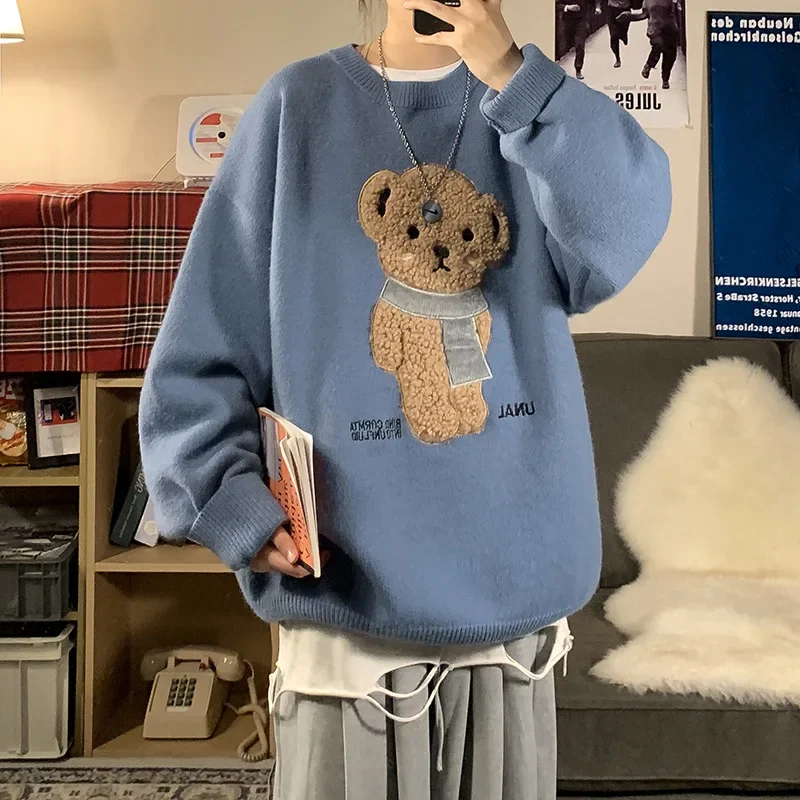 

Winter Cute Bear Jumpers Knitwear Sweater Harajuku Fall Round Collar Loose Pullovers Oversized Tops 2023 Women Couple Pullovers