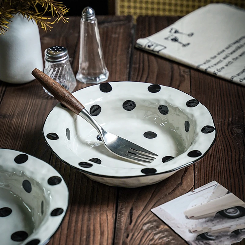 Korean Irregular Ceramic Straw Hat Plate Household Polka Dot Salad Plate Western Spaghetti Creative Kitchen Tableware
