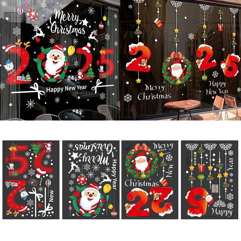 Happy New Year Glass Stickers Creative Christmas Scene Snowflake Window Decals Home Decorations Pvc Static Cling Glass Film