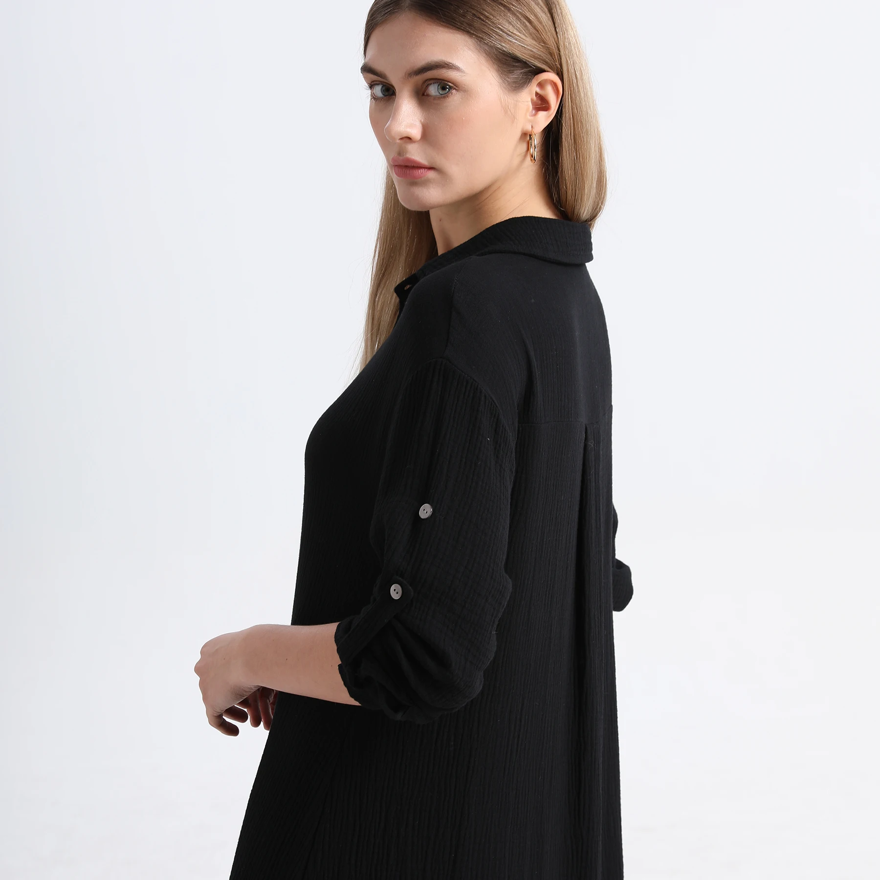 AP 2024 Spring and Summer Women Muslin Shirt Dress Lady Cotton Dress Casual Side Slits Sleeve Length Can Be Adjusted