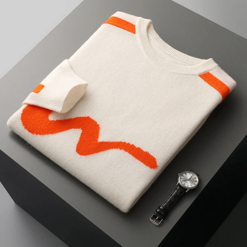 

2023 Fashion Age Reduction Men's Round Neck Jacquard 100% Pure Wool Loose Knitted Cashmere Sweater in Autumn and Winter