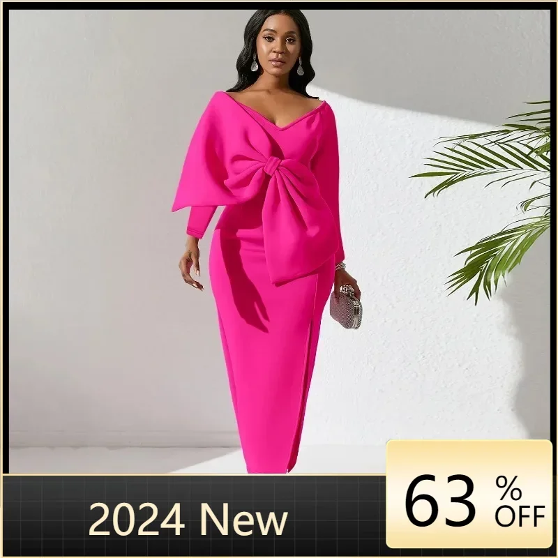 

Plus Size Autumn And Winter New Long Sleeved Deep V-Neck Bow High Waist Wrapped Hip Fashionable And Elegant Party Long Dress