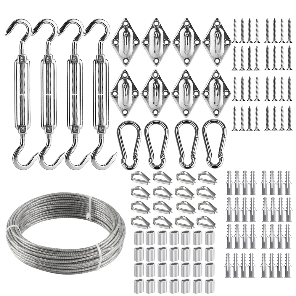 Sun Shade Sail Rectangle Hardware Attachments Wire Kit 30M/3mm Stainless Steel Coated Wire Rope for Install Awning Accessory