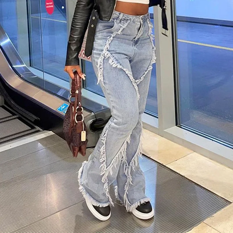 Zipper High Waist Clothes Loose Pants Retro Female Tassel Micro Flared Trousers Frayed Edging Ripped Hole Streetwear Denim Jeans 2021 summer denim pants women retro solid sexy hole jeans ripped chain tassel trousers street skinny high waist ladies pants