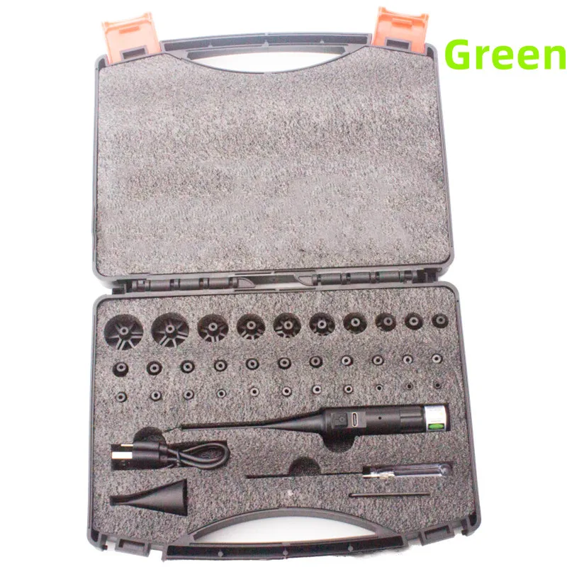 Rechargeable Laser Bore Sight Kit with Button Switch Red/Green Sighter with 32 Adapters for .17 .177 .22 to 12GA Calibers